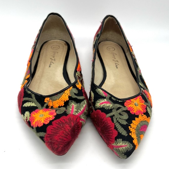 George J. Love Black Floral Embroidered Flats EU 40 Pointed Toe - Picture 3 of 9